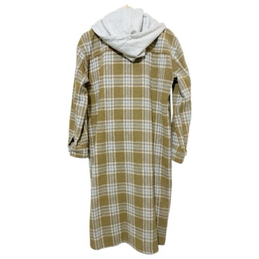 Mystree Twofer Tan Blue Cream Plaid Long Women’s Hooded Jacket New - Size Medium - Picture 3 of 9